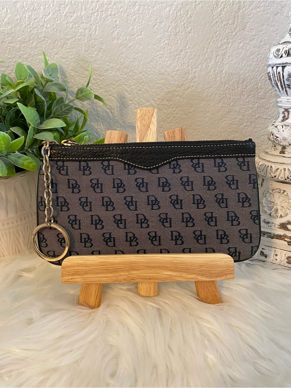 Dooney & Bourke Monogram Gray & Blue Coin Pouch Wristlet Keychain